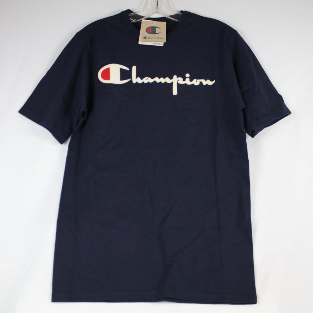 Champion Navy Blue 100%‎ Cotton Logo Heritage T-Shirt Mens Size Small - NEW